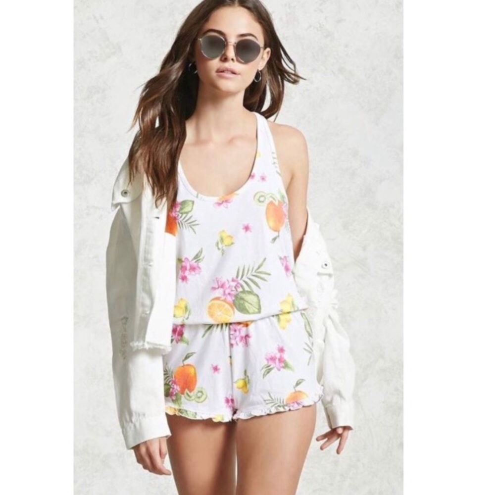 Forever 21 Ruffled Edge Assorted Fruit Print Sleevless Tank Romper